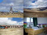 4 2 Prayer Flags On Tong La, Lalung La, Jerome Ryan Resting At Everest Snow Leopard Guest House In Tingri We stopped briefly on the Tong La (5124m), a high broad wind-swept brown plateau contrasted with colorful prayer flags. The road drops briefly from the Tong La and ascends to the Lalung La (5050m). We continued our 150km journey to Tingri (4350m), and checked in to the Everest Snow Leopard Guest House, rectangular in design with a small entrance and an enormous inner courtyard. Jerome Ryan rested in our room, decorated in Tibetan colours.